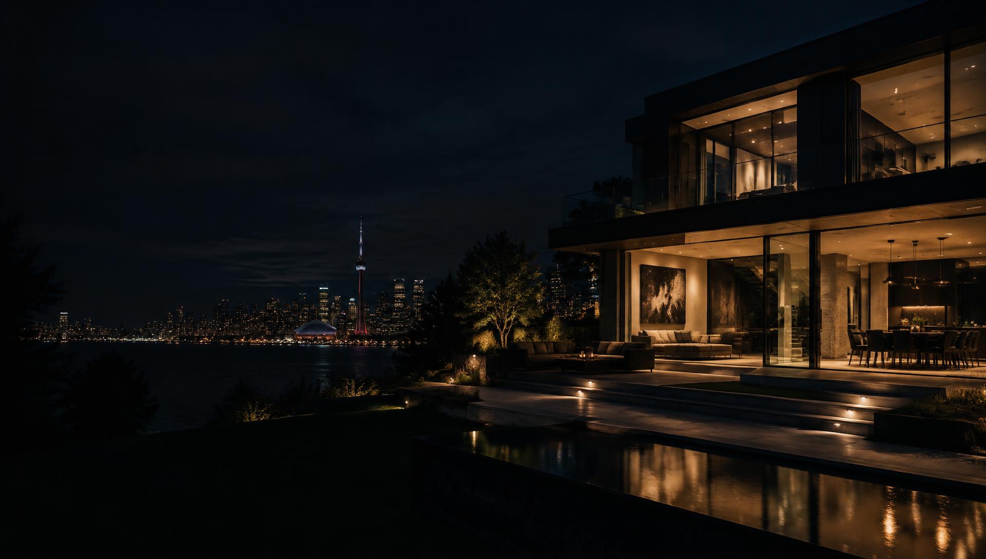 Toronto home at night protected by security window film